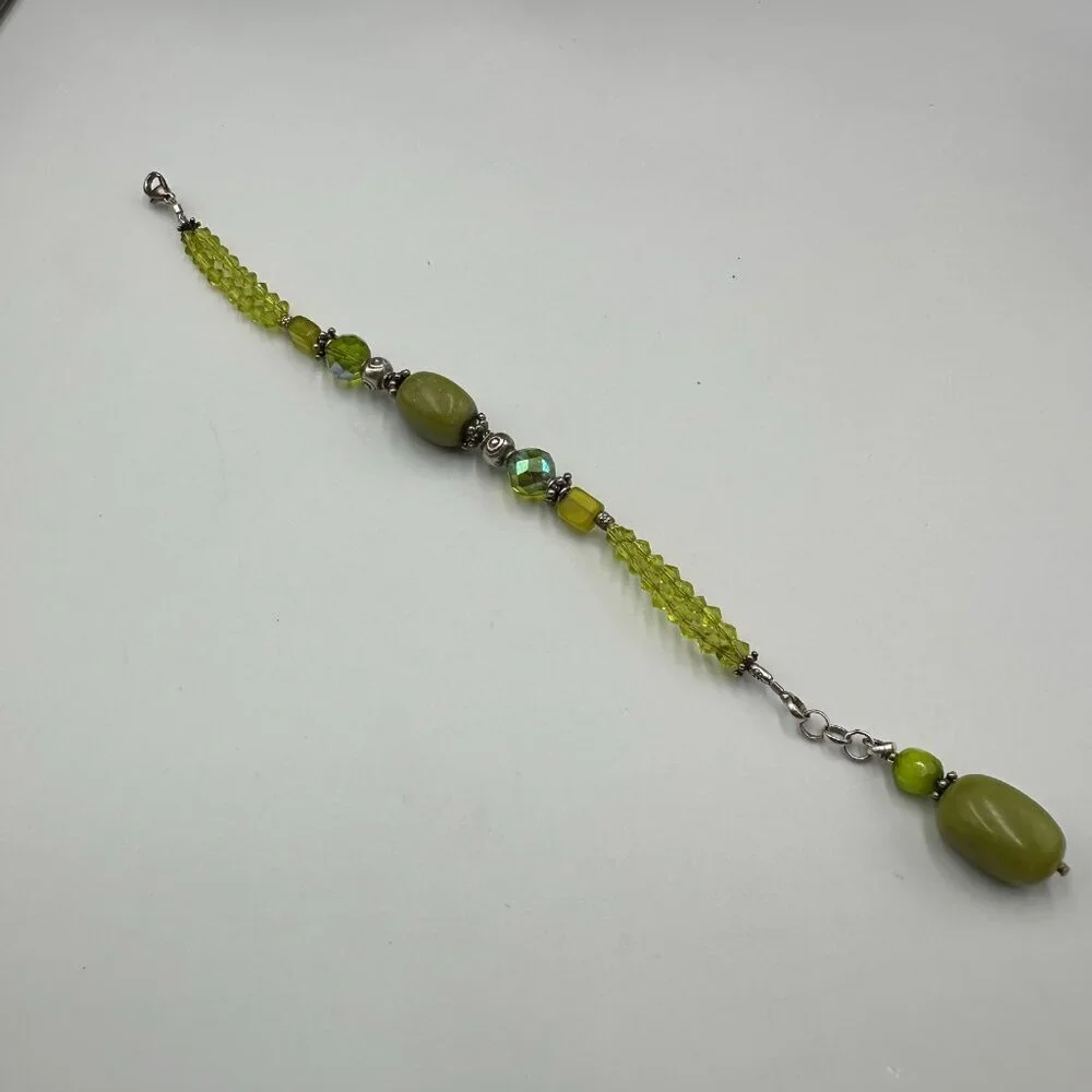 Artisan Bracelet Sterling Silver Beads Clasp Green Glass Dyed Stone Olive Tone